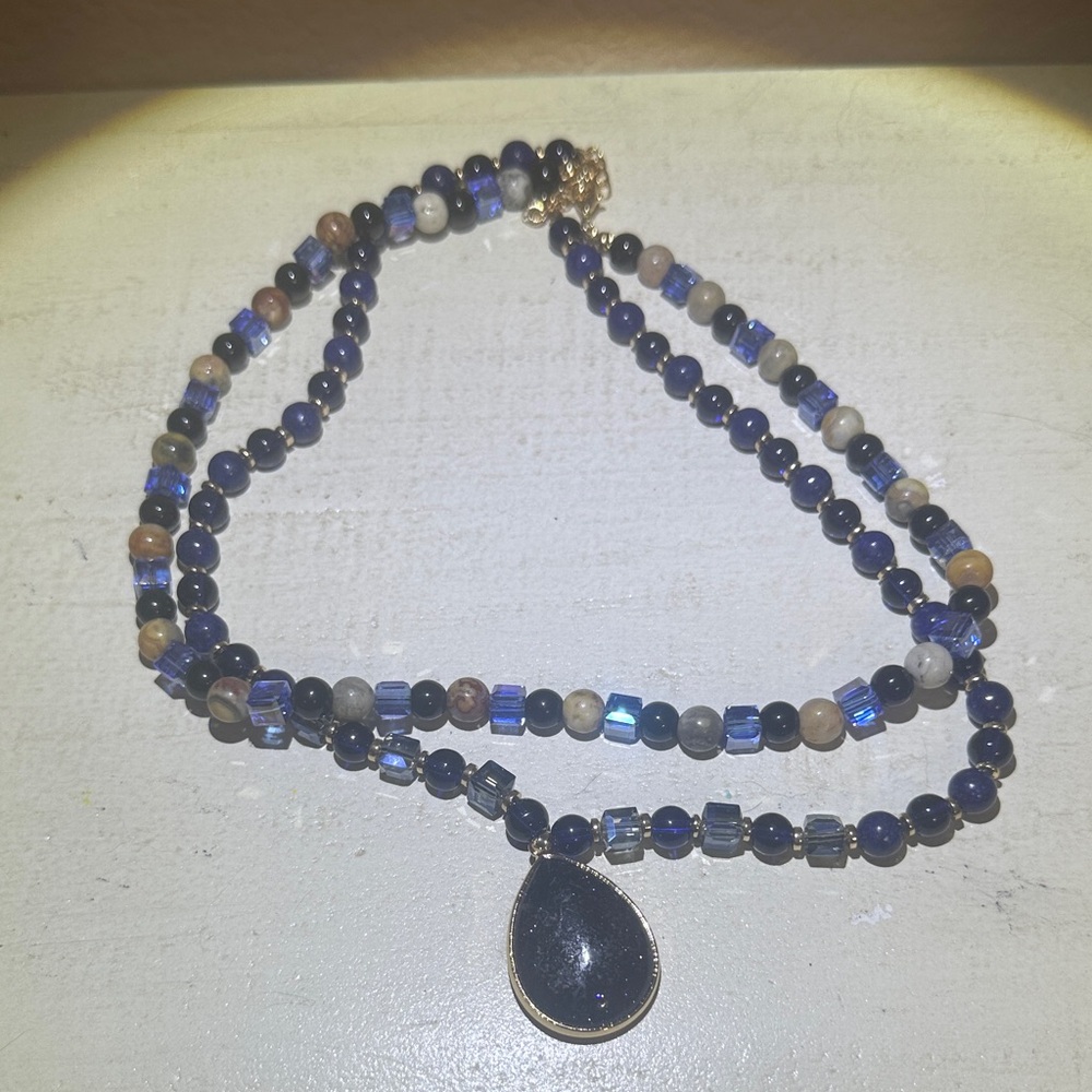 Beaded Teardrop Pendant Necklace - Obsidian and Goldstone
